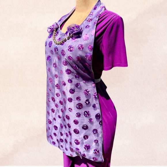Handmade‎ Hostess Apron Purple Sequin Print Tie Back Faux Gold Bead Necklace OS - Picture 5 of 12